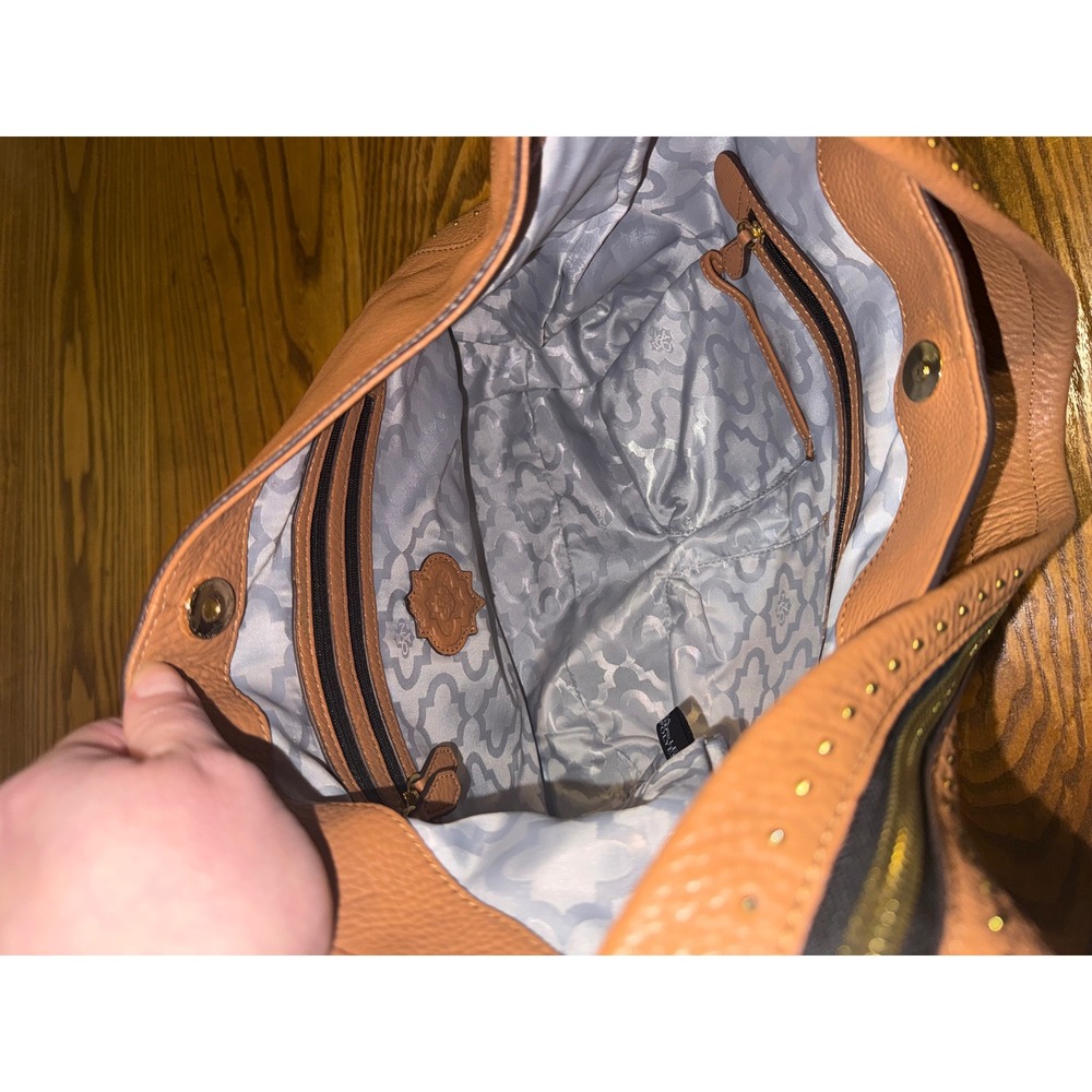 Oryany Tan Pebbled Leather Studded Hobo Shoulder Bag Gold Hardware - Picture 11 of 14